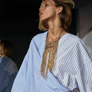 Zara Blue & White Striped Wrap poplin Blouse XS Oversized 100% Cotton ✨